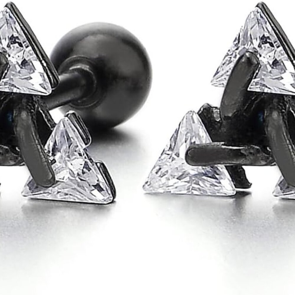 Stainless Steel Triangle Cubic Zirconia Stud Earrings for Men Women, Screw Back